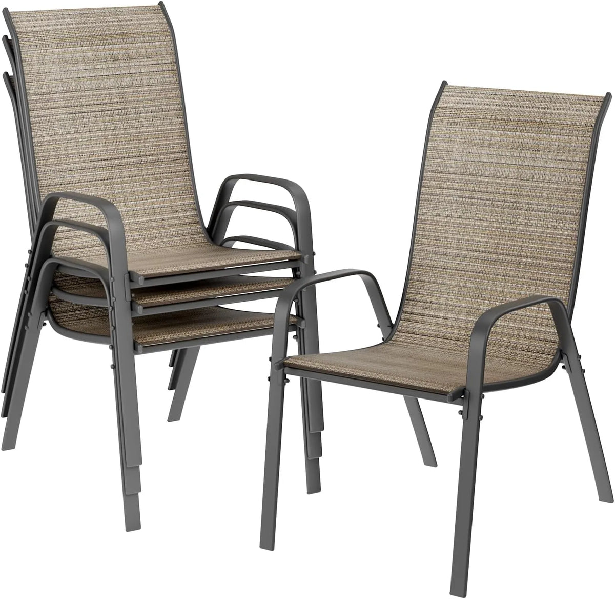 Chaises de Jardin Empilables LIFERUN, Dossier Haut, Acier et Textilène, Lot de 4, Brun Lin