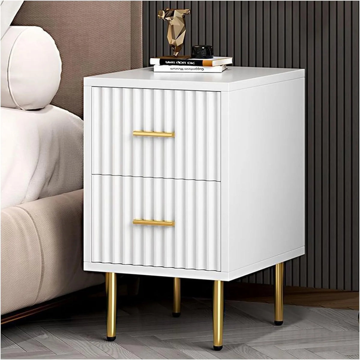 Table de Chevet Contemporaine avec Tiroirs, Style Bohème, Pieds Métalliques Noirs, Parfaite pour Salon ou Bureau, 66 cm, 2 Tiroirs, Blanche