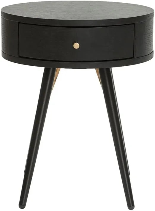 Table de Nuit Ronde en Bois et Métal Noir avec Tiroir - Koral