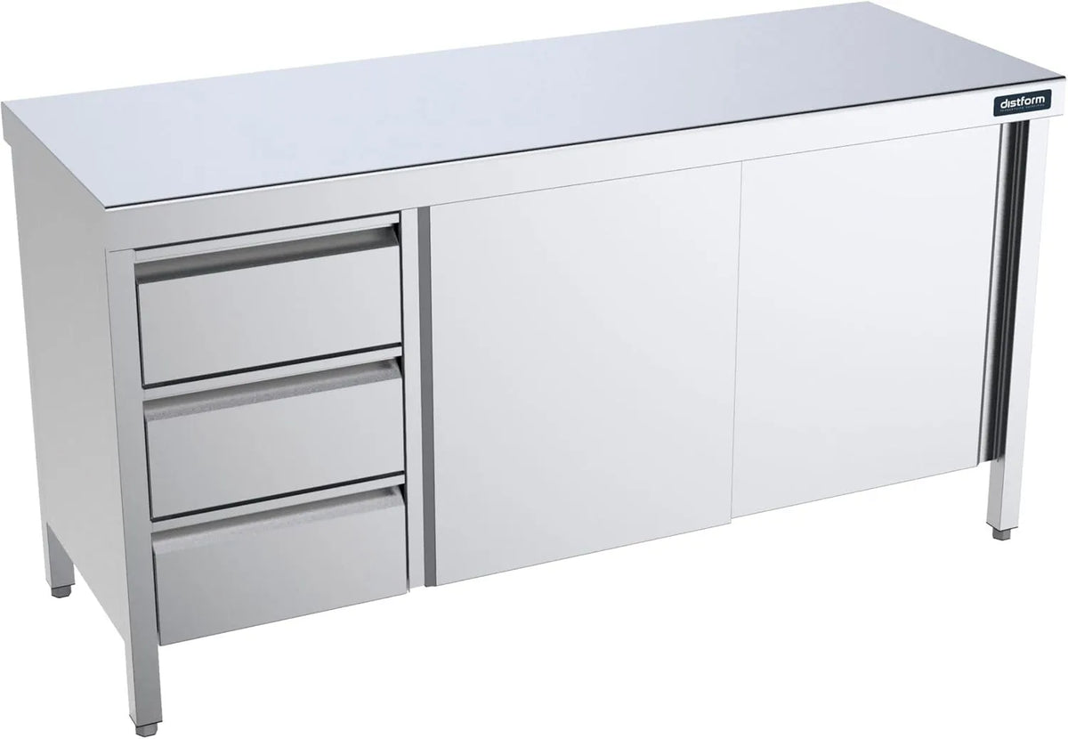 Armoire Basse en Inox avec Portes Coulissantes et Tiroirs Gauches - 1800 x 600 mm