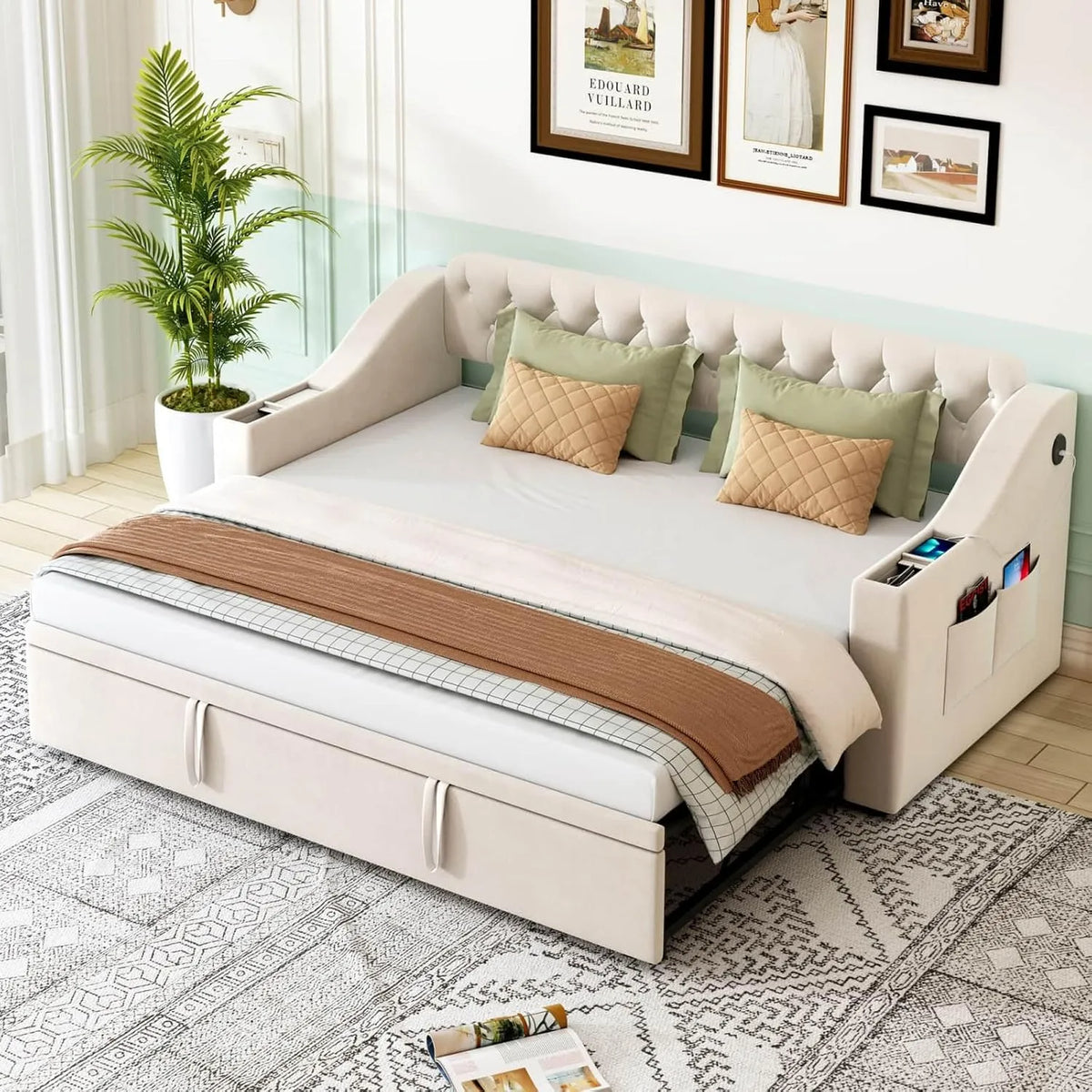 Canapé-lit 2 places multifonctionnel avec port USB, espace de rangement et tissu velours 90/180x190cm (Beige)