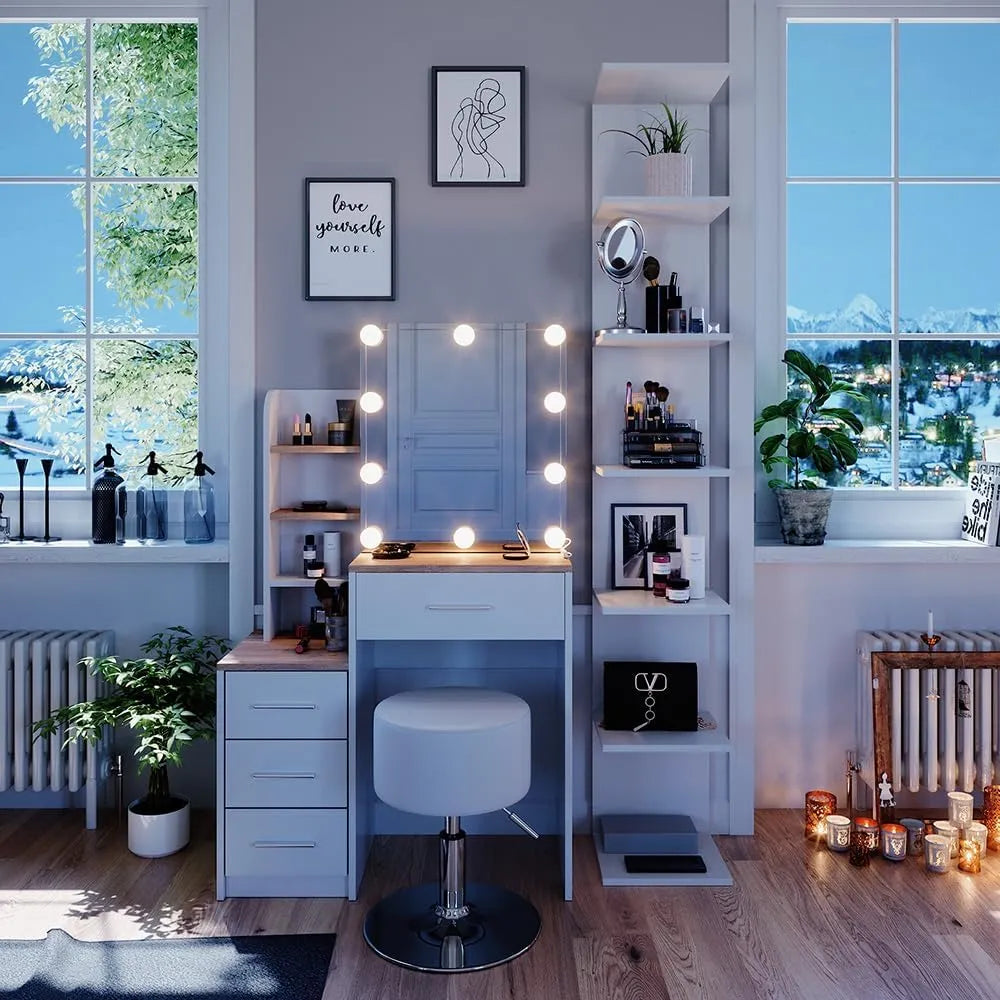 Coiffeuse Moderne avec Éclairage LED et Tabouret, Blanc et Sonoma, 80 cm