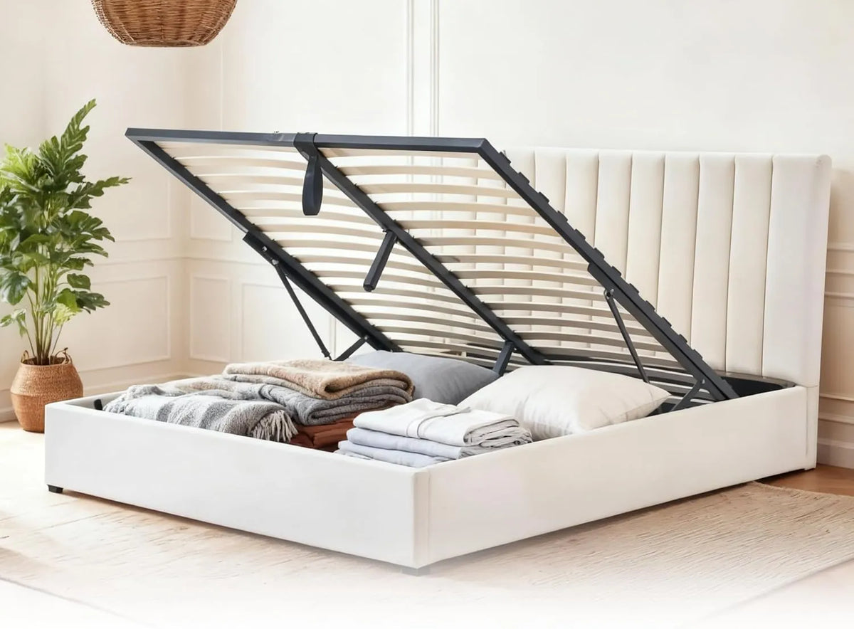 Lit Double Coffre Beige 180x200 en Velours avec Tête de Lit Rembourrée et Sommier