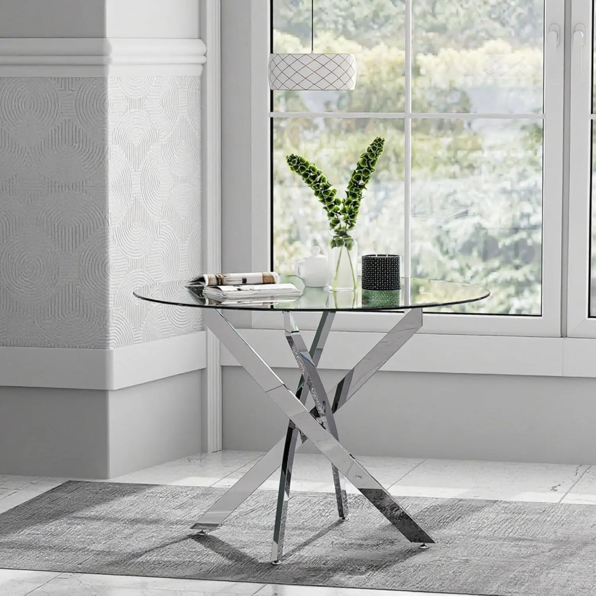 Table Ronde en Verre Moderne Argentée de 80 cm pour Cuisine - GOLDFAN