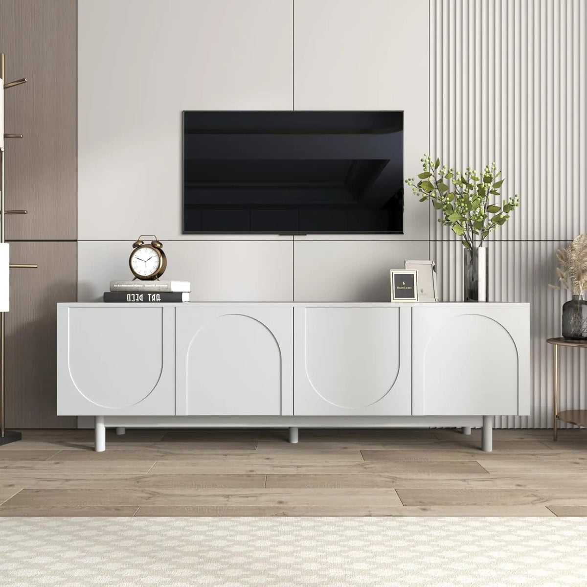 Buffet TV Moderne Blanc avec Portes Dorées, Système Push-to-Open, pour Salon et Chambre