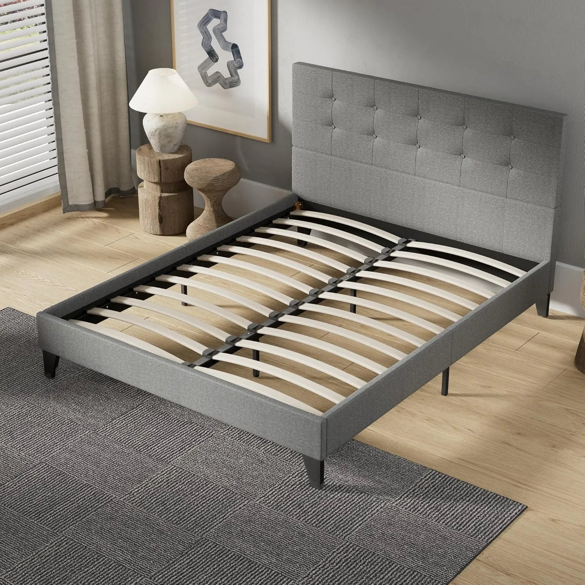 Lit Double 160x200cm avec Sommier à Lattes, Tissu Gris, Renfort Central