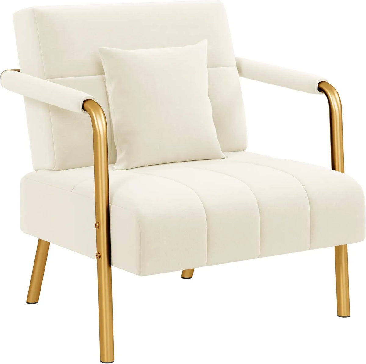 Chaise d'Appoint en Velours Beige avec Coussin, Cadre Métallique Doré, pour Salon ou Bureau