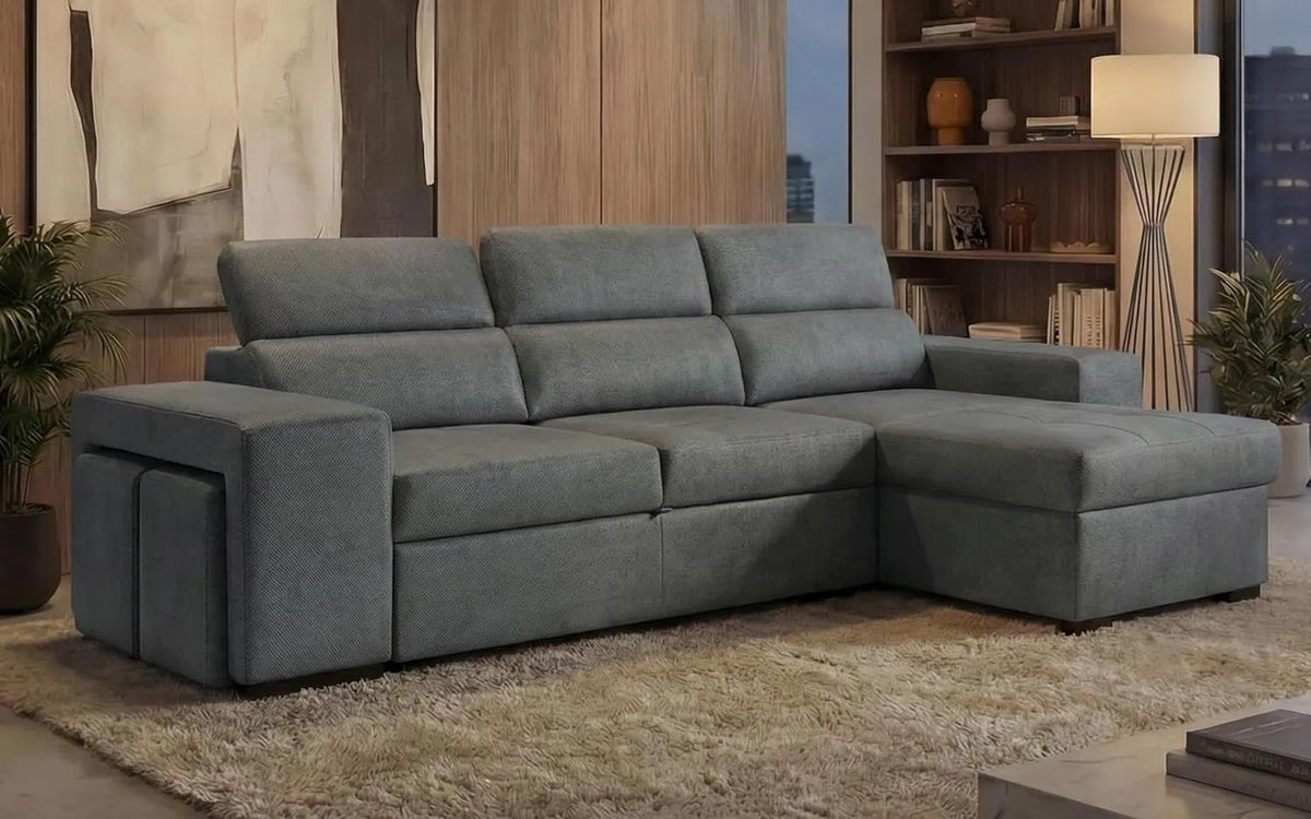 Canapé d'Angle Convertible 4 Places avec Chaise Longue Réversible et Poufs - Têtières Réglables - Tissu Polyester Gris Foncé - Moderne - 263x161x96 cm