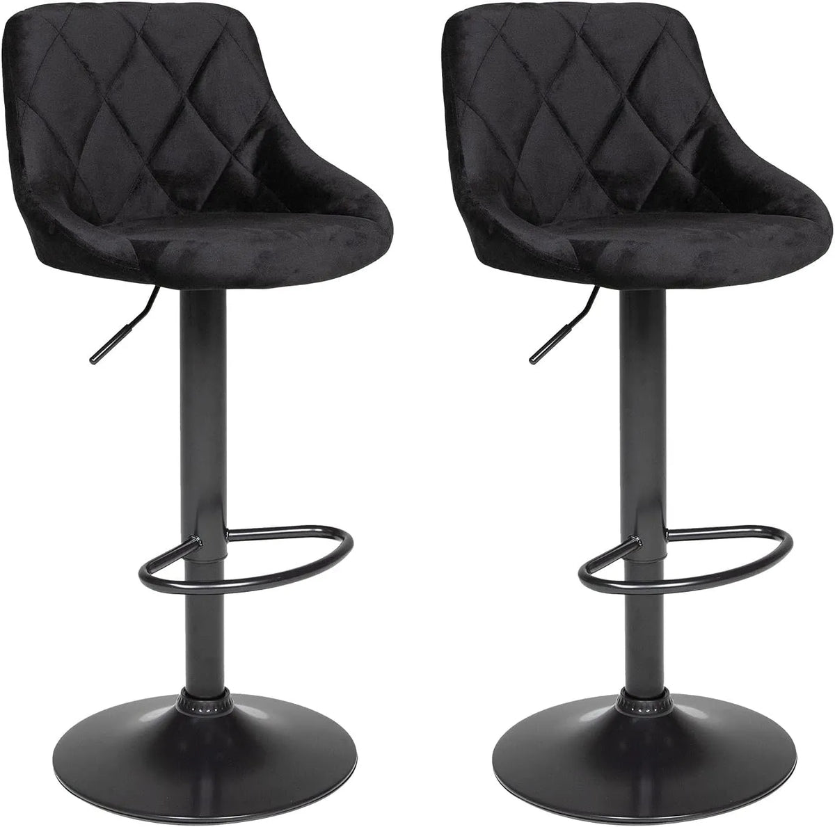 Ensemble de 2 Tabourets de Bar en Velours Noir - Robin - Style Moderne, Hauteur Réglable, Pivotant à 360°, avec Repose-Pieds et Dossier