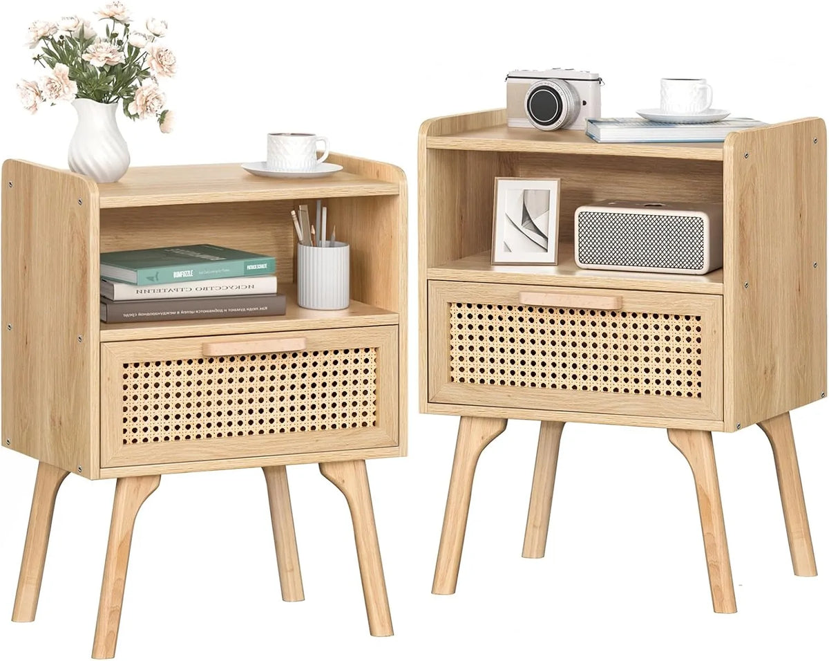 Tables de Chevet Boho en Rotin avec Tiroir et Étagère - Lot de 2