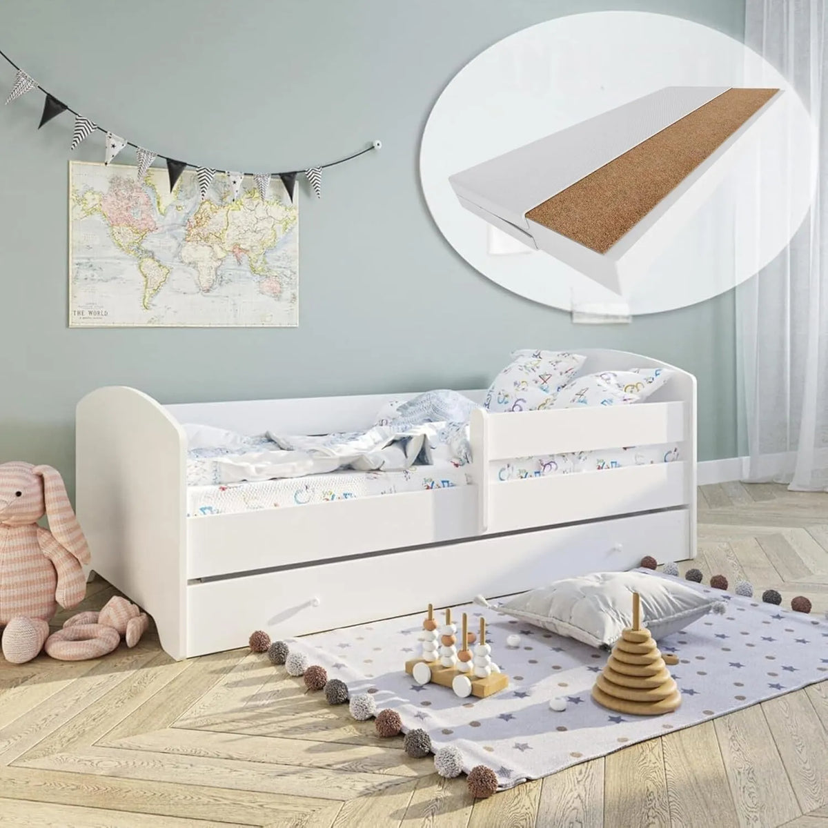 Lit pour Enfants 70x140/80x160 cm, Ensemble avec Matelas et Sécurité, Choix de Motifs