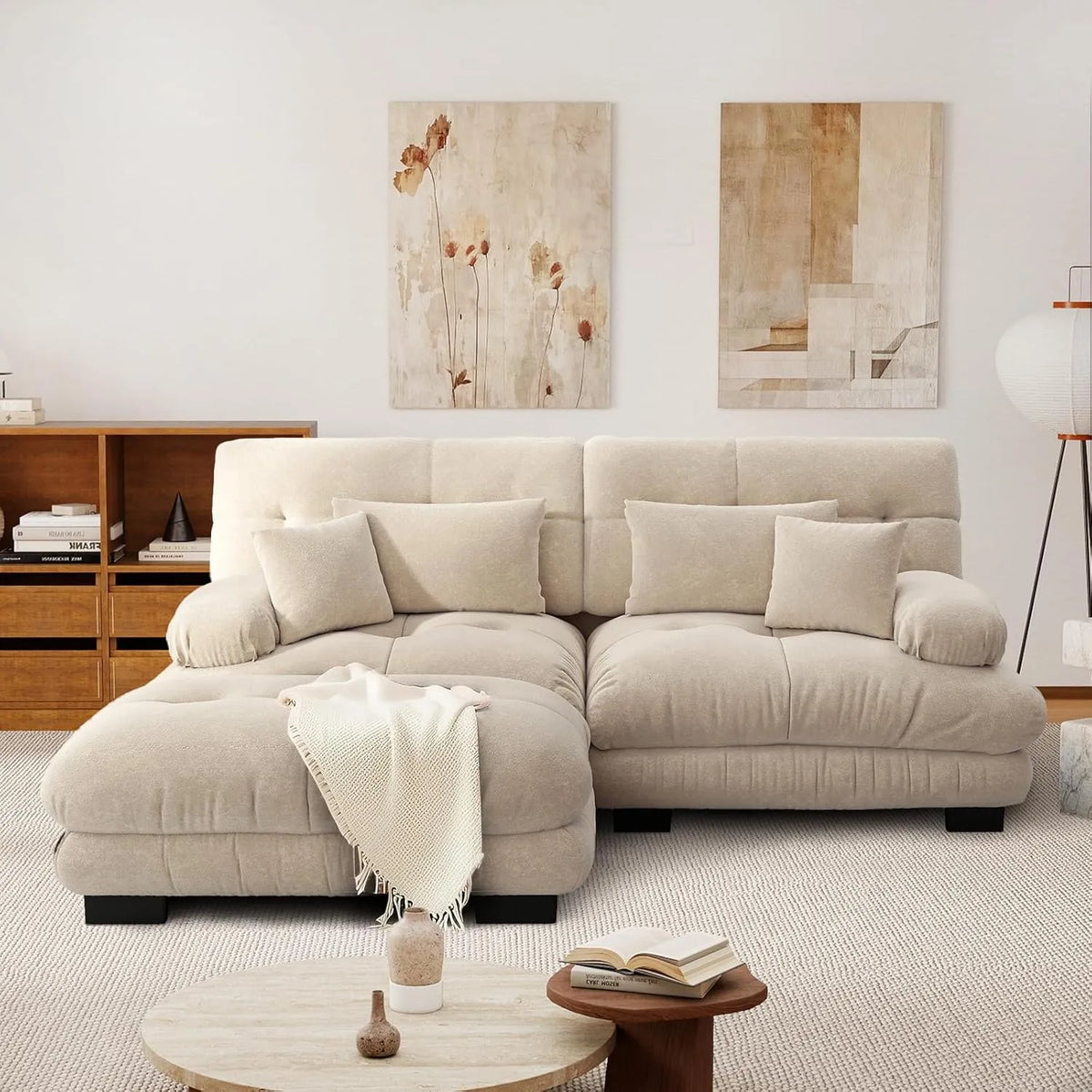 Canapé Modulaire 2 Places Moderne - Tissu Chenille et Bois Massif, Accoudoirs, Repose-Pied Inclus, Beige Clair