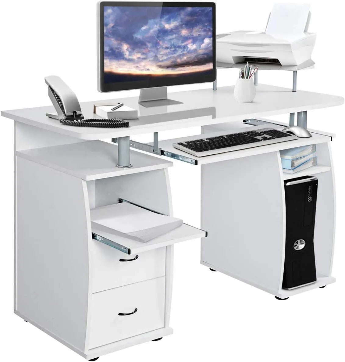 COSTWAY Bureau Informatique avec Rangement Multifonction - Tablette Coulissante et 2 Tiroirs, 120x55x85cm (Blanc)