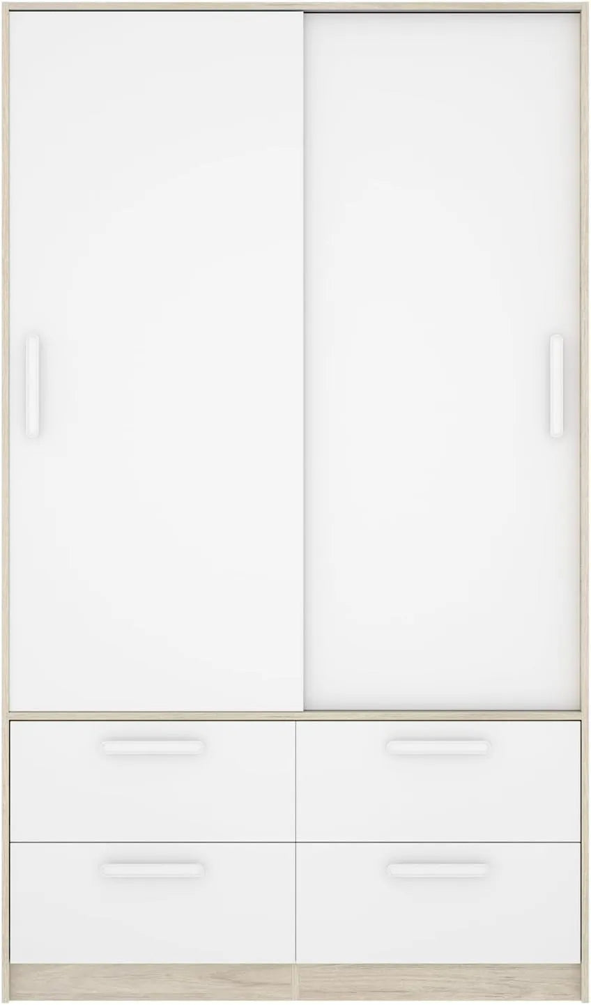 PEGANE Armoire en Bois Mélaminé avec Portes Coulissantes et Tiroirs, Chêne Naturel/Blanc, 120x60x204 cm