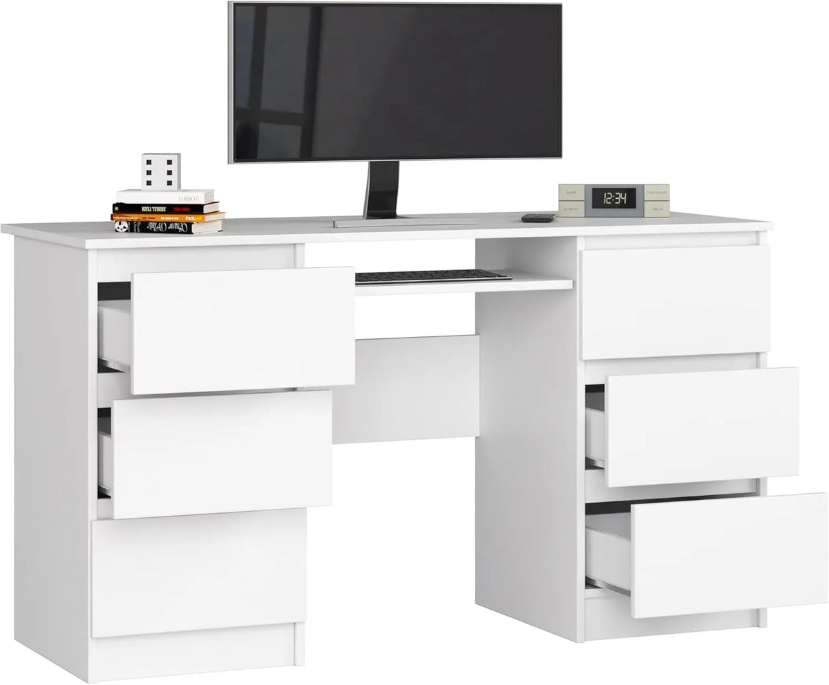 Bureau d'ordinateur avec 6 tiroirs et plateau coulissant, 135 x 77 x 50 cm