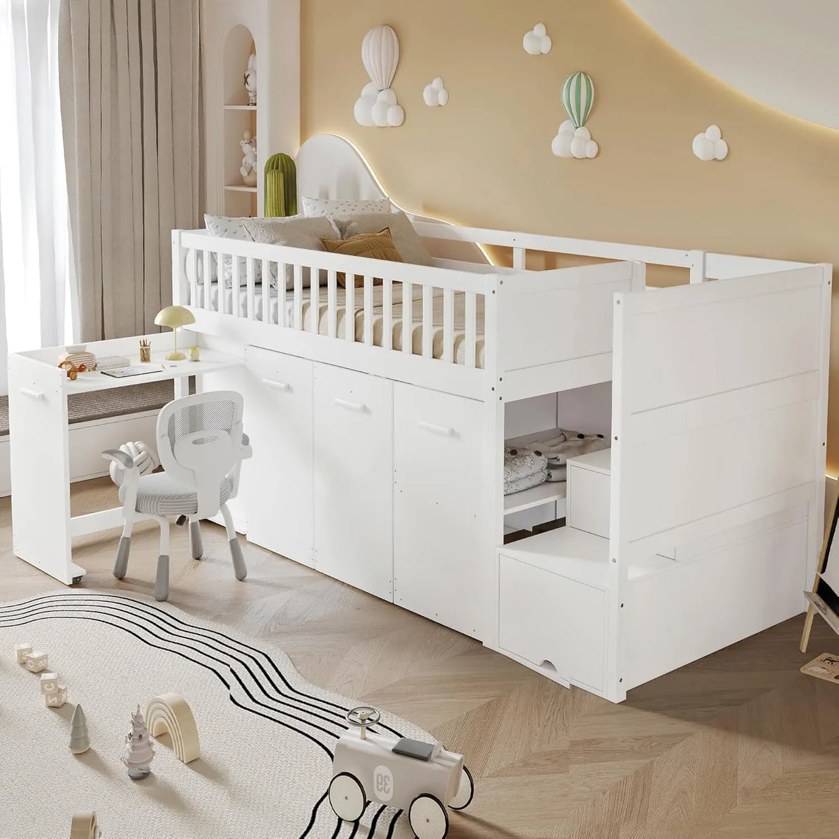 Lit Enfant Mezzanine 90x200 avec Bureau et Rangement, Blanc