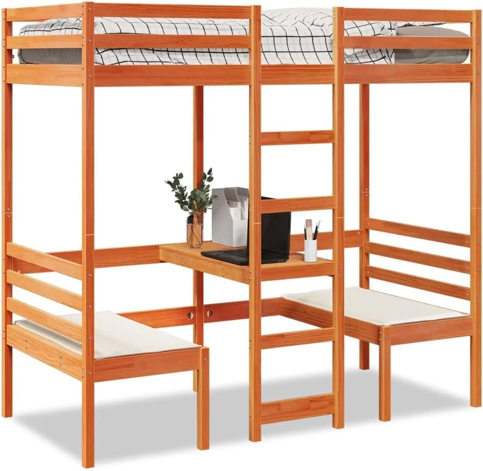 Lit mezzanine en bois de pin massif marron avec bureau et chaises, 90x200 cm, espace optimisé avec sommier à lattes, idéal pour enfants et adolescents