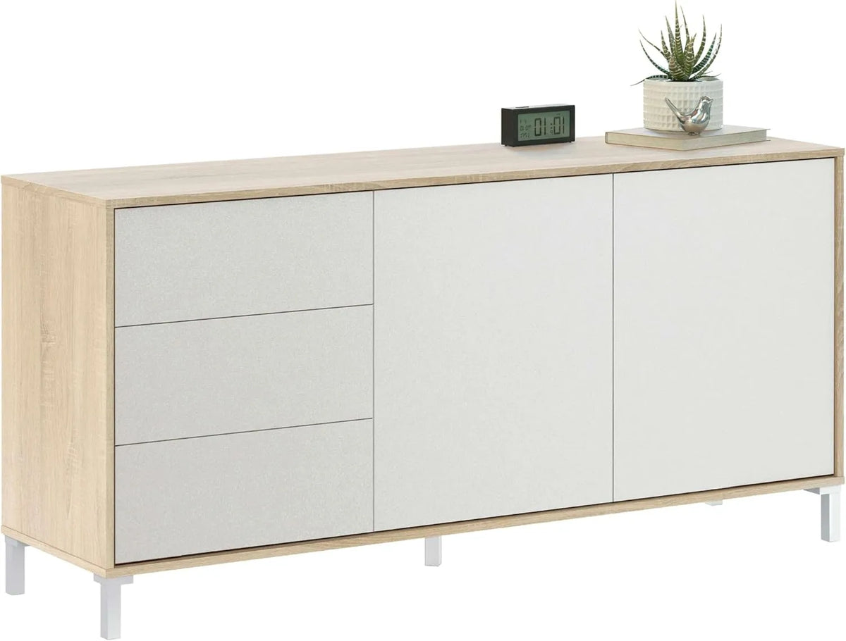 Buffet Moderne Brooklyn 2 Portes, 3 Tiroirs, Chêne Canadien et Blanc, 74x154x41 cm