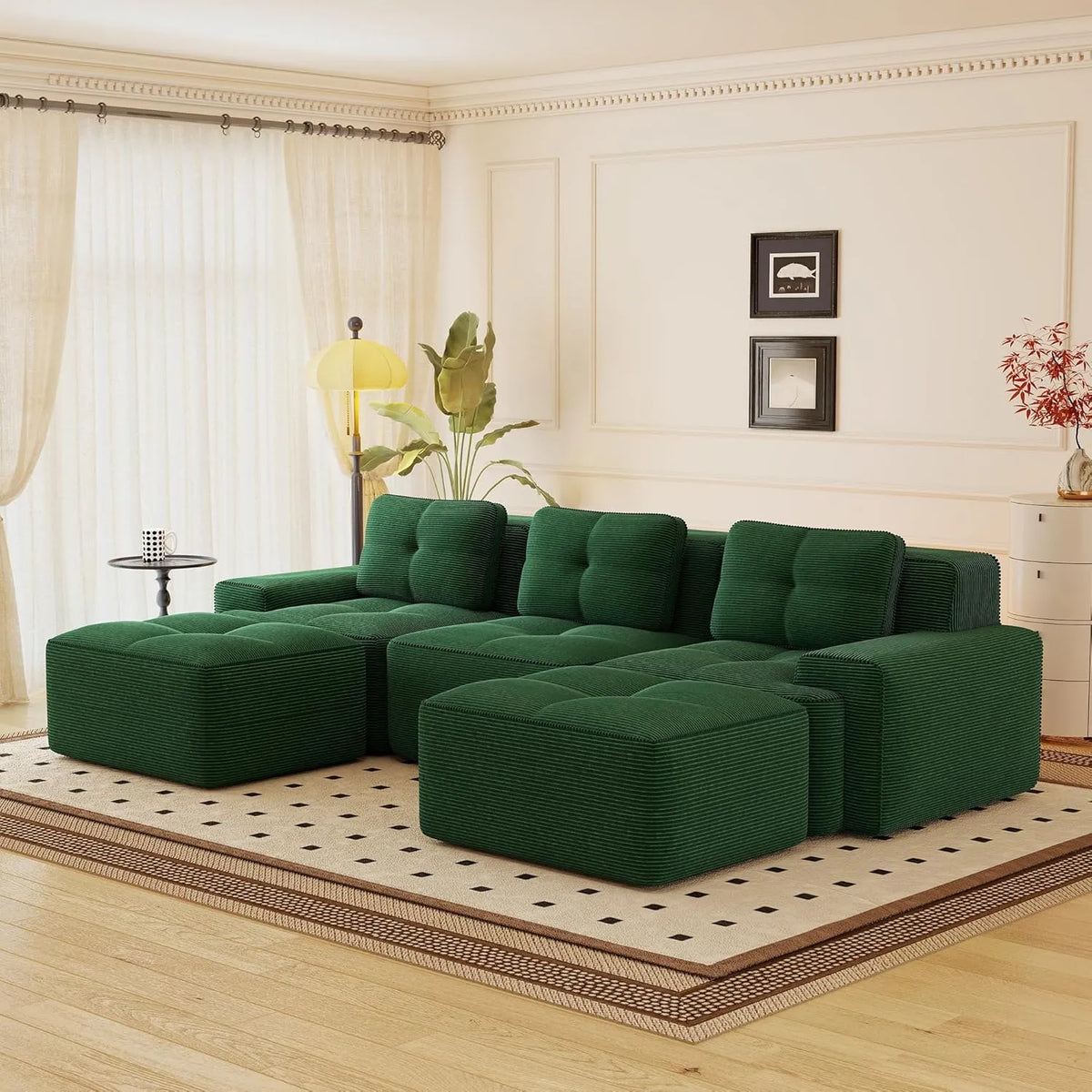 Canapé Modulaire en Velours Côtelé Vert, 3 Places avec 2 Poufs, Configuration Personnalisable, Sans Montage