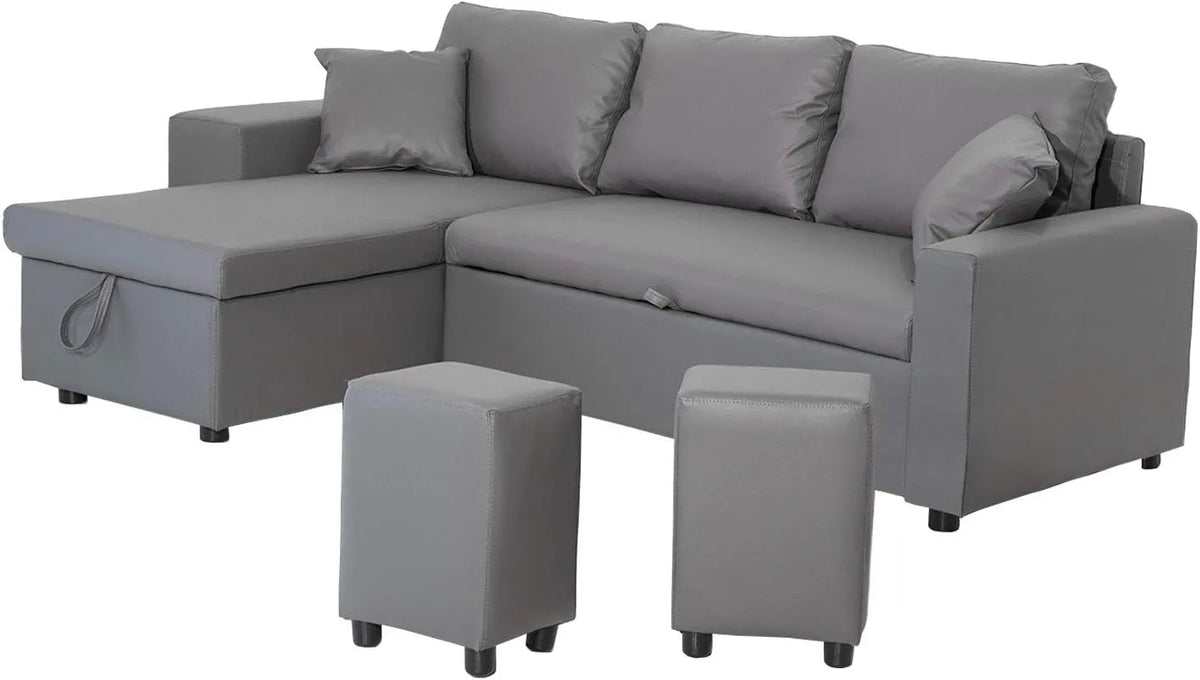 Canapé d'Angle Convertible 3 Places Tony en Simili Cuir Gris avec Méridienne Réversible et Coffre