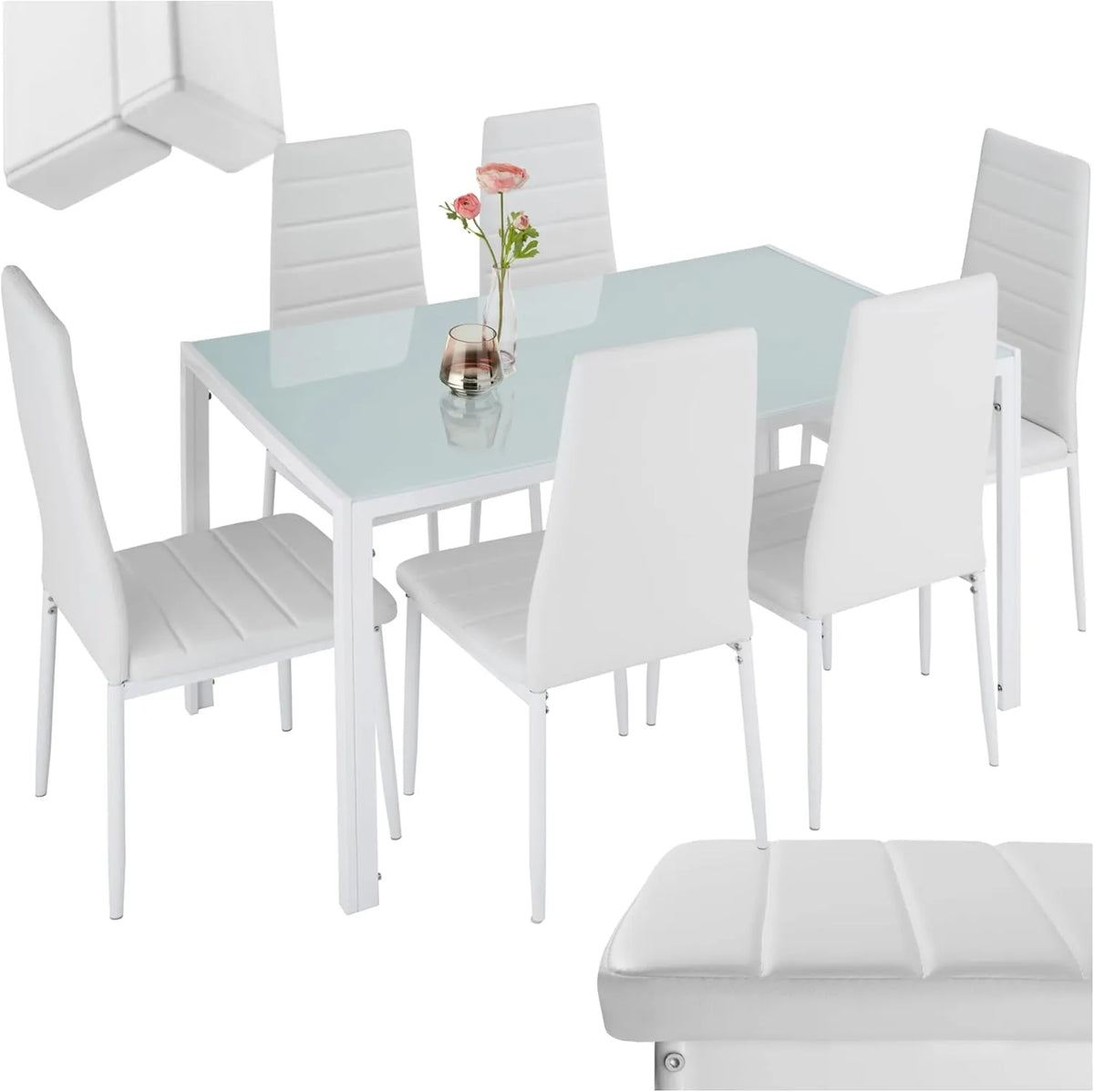 Ensemble Salle à Manger 6 Chaises Cuir Synthétique avec Table en Verre Trempé et Pieds Acier