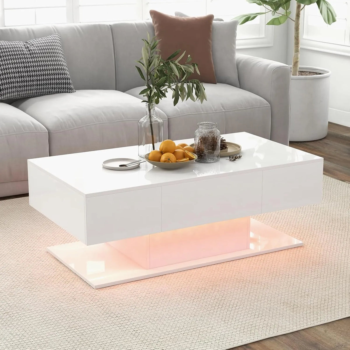 Table Basse Moderne avec Éclairage LED, Deux Tiroirs et Couleurs Variées, 110 x 60 x 40 cm, Blanc
