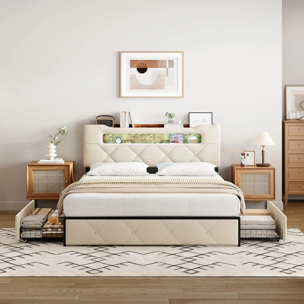 Lit Double 140x200 avec Tiroirs, LED et Port USB, Tête de Lit de Rangement en Velours Beige
