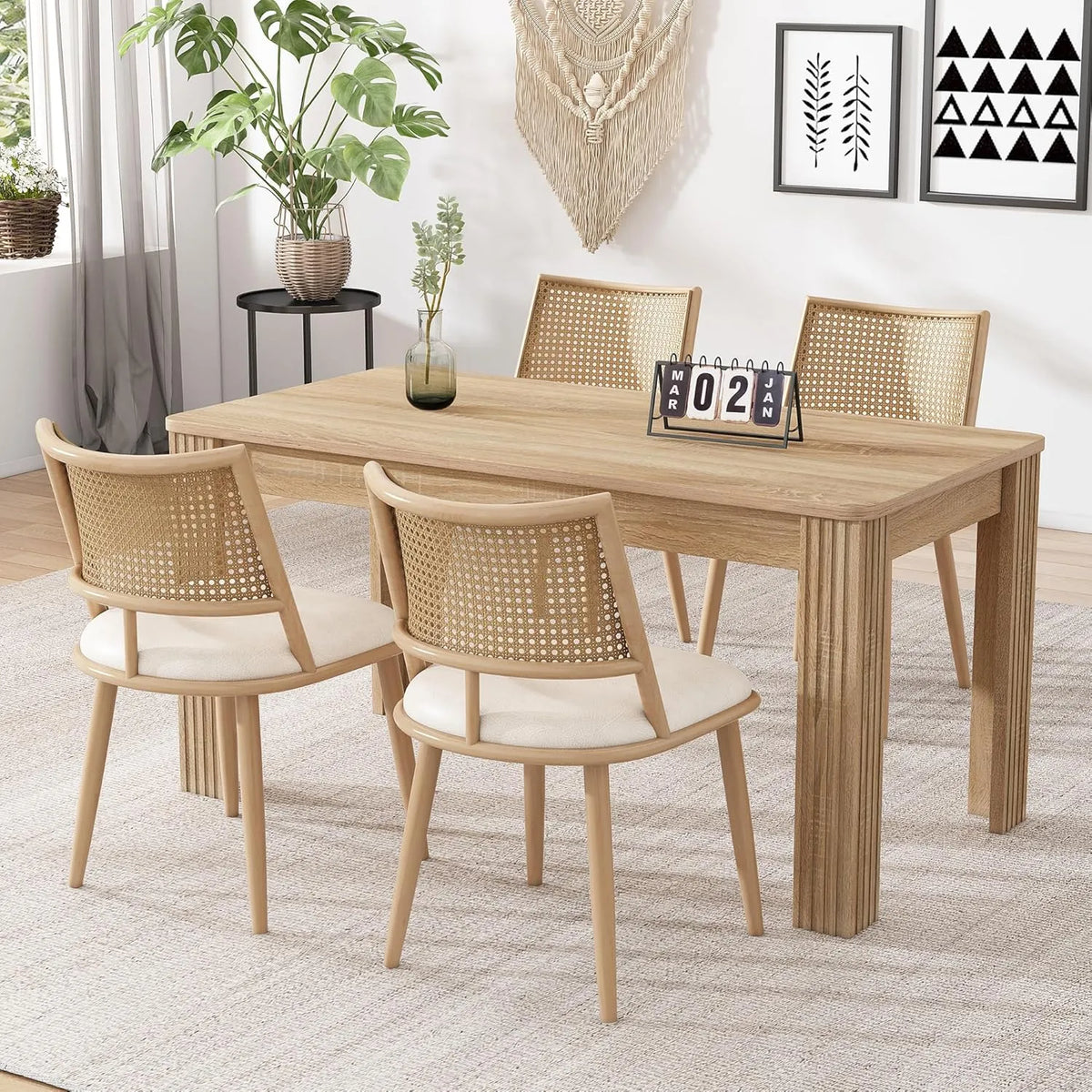 Ensemble de 4 Chaises de Salle à Manger Merax avec Siège en PU et Dossier en Rotin, Beige