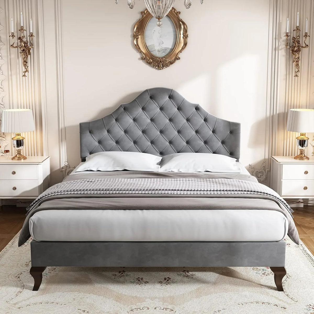Cadre de Lit 140x200 en Velours Gris avec Sommier et Tête de Lit Réglable
