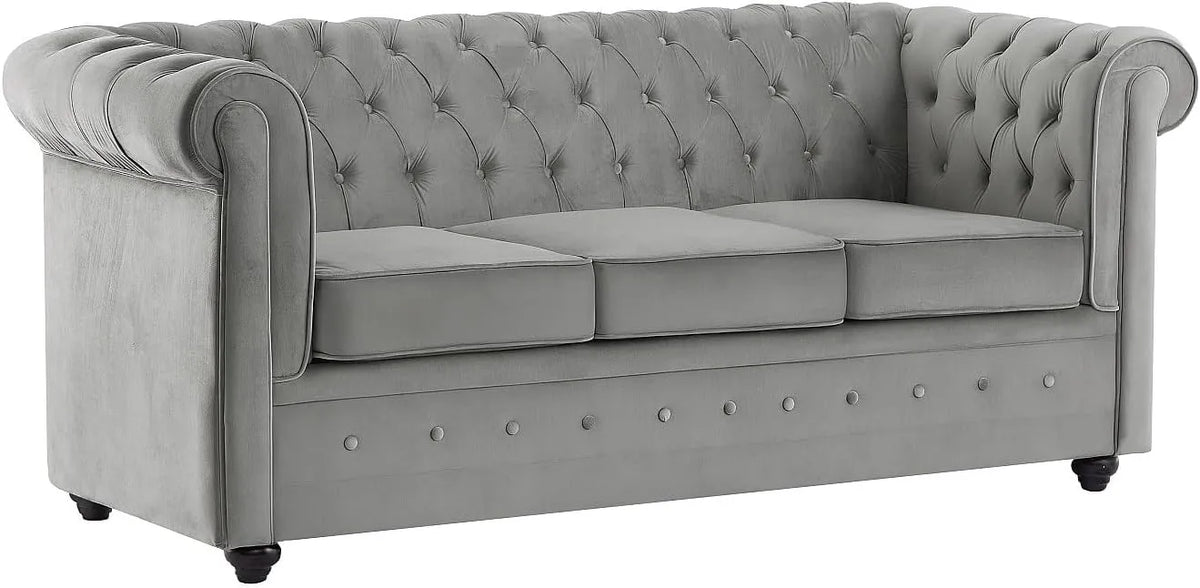 Canapé Convertible 3 Places en Velours Gris Clair Style Chesterfield