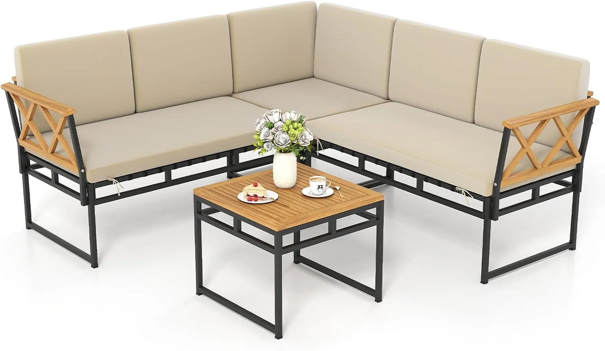 Set de Salon de Jardin 4 Pièces avec Canapé en L et Coussins Confortables