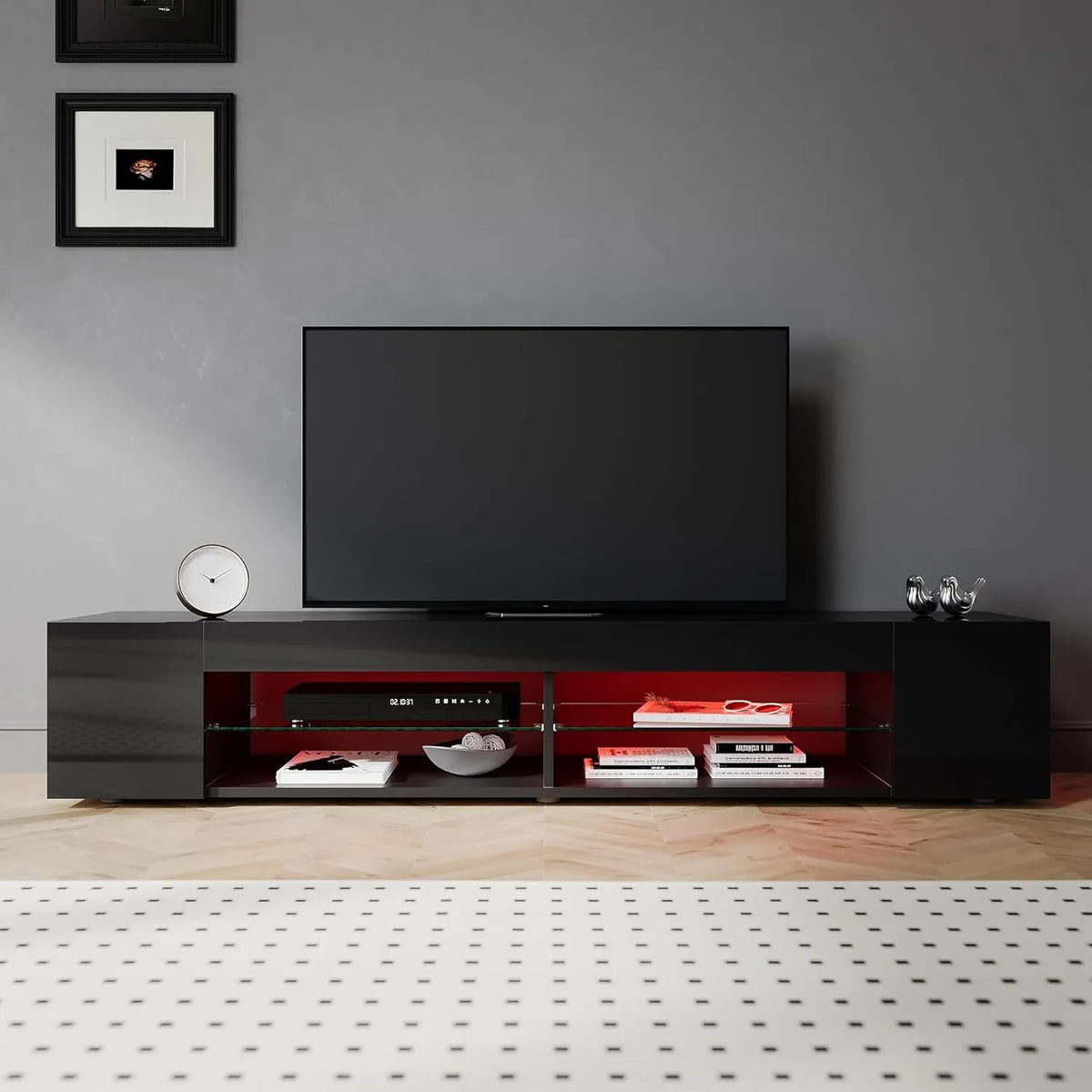 SIRHONA Meuble TV avec LED RGB, Noir, 160x39x30cm, Étagères en Verre, Éclairage Réglable, Salon ou Chambre