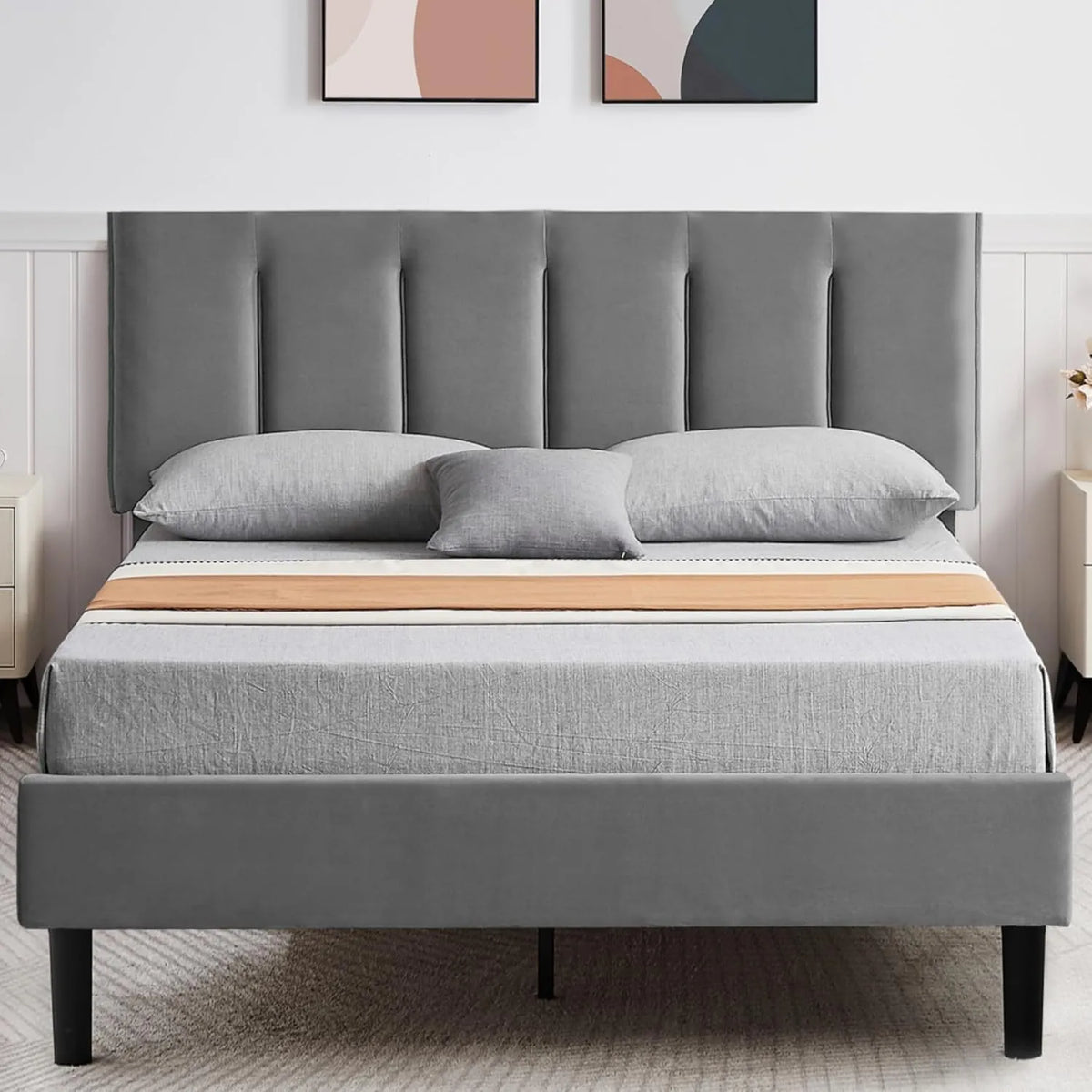 Lit Double en Velours 140x190 cm avec Tête Réglable et Support Antidérapant