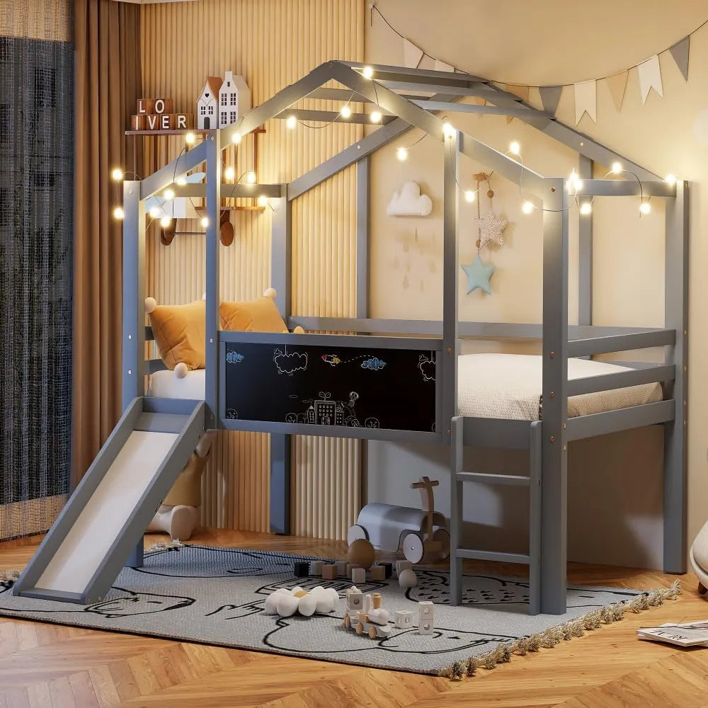 Lit mezzanine enfant avec toboggan et panneau graffiti, 90x200 cm, bois gris