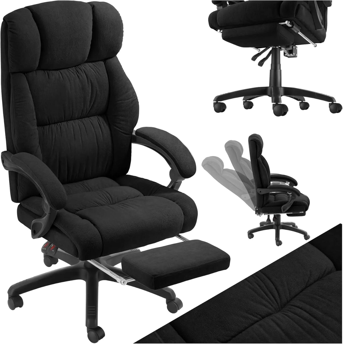 Chaise de Bureau Ergonomique Velours avec Repose-Pieds - Pivotante 360° - Noir