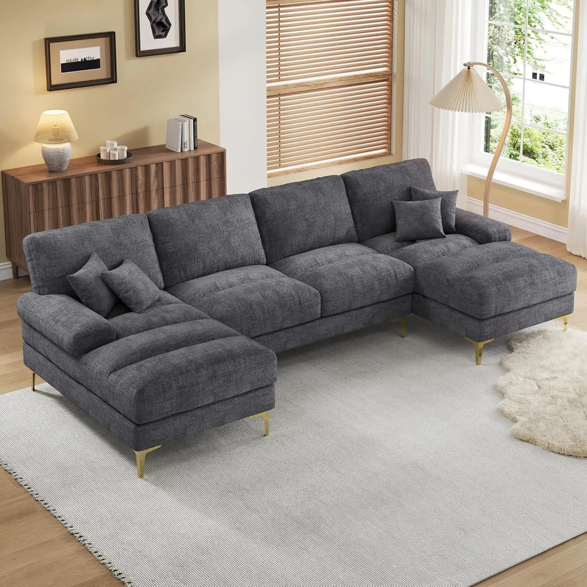 Canapé d'angle en U moderne avec fauteuils inclinables, 4 places en chenille, pour salon (Gris)
