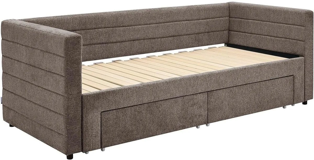 Lit gigogne CAMITY en tissu taupe avec sommier et tiroirs 80x200 cm