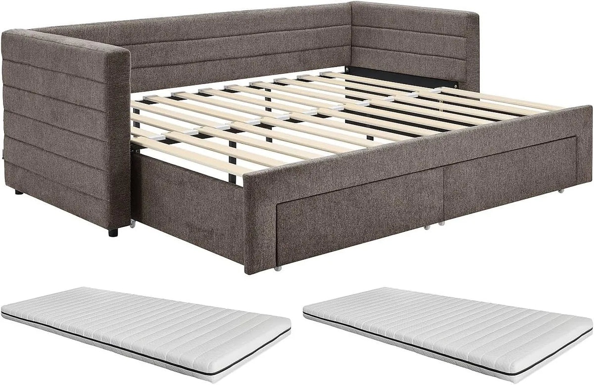 Lit gigogne 80x200 cm avec tiroirs et matelas CAMITY - Tissu texturé Taupe