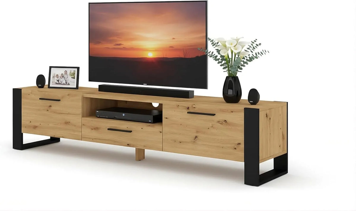 Meuble TV Moderne Chêne Artisan 200 cm, 3 Portes, Niche Ouverte, Gestion Câbles