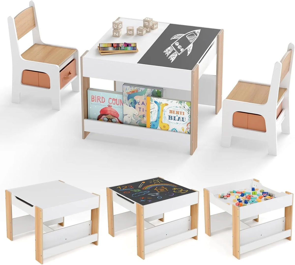 Ensemble Table et Chaises Enfant 3-6 Ans avec Tableau Amovible, Rangement et Étagères