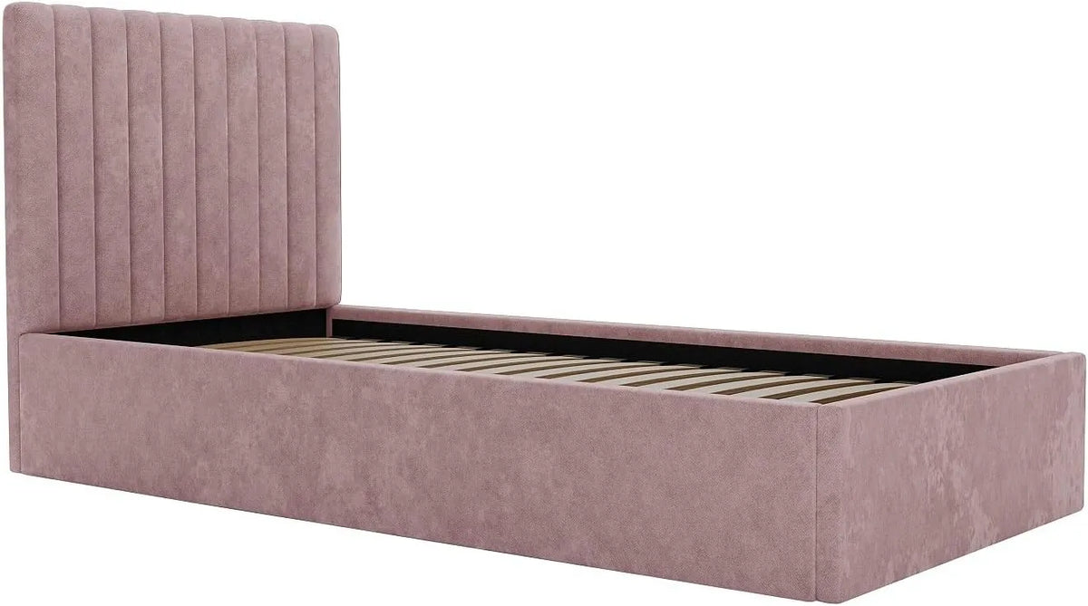 Lit Coffre Sarah 90 x 190 cm en Tissu Rose avec Tête Intégrée