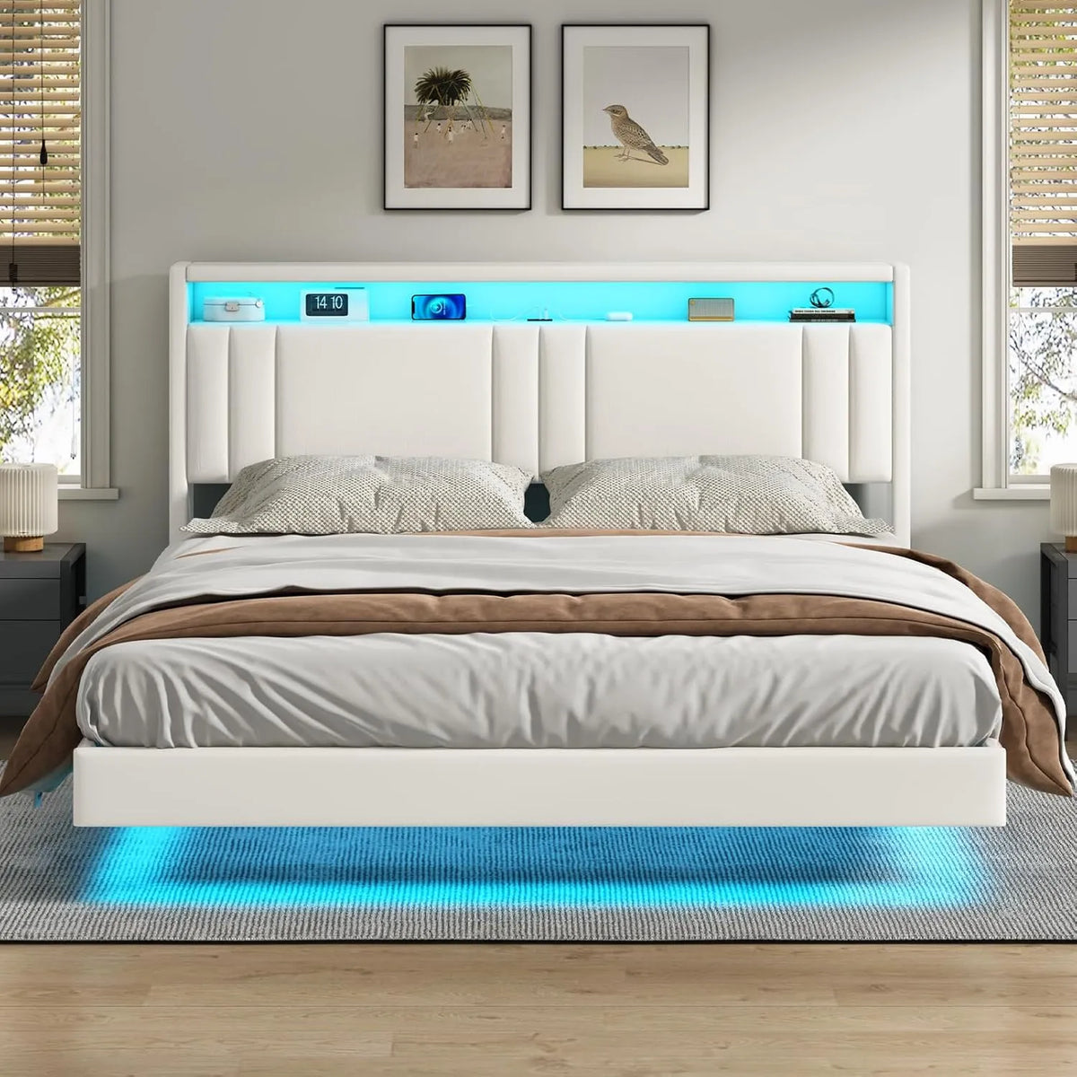 Lit Double Flottant 160x200 cm avec LED Réglable, Multiprise et Rangement Ouvert, Cadre avec Sommier à Lattes, Revêtement PU Blanc
