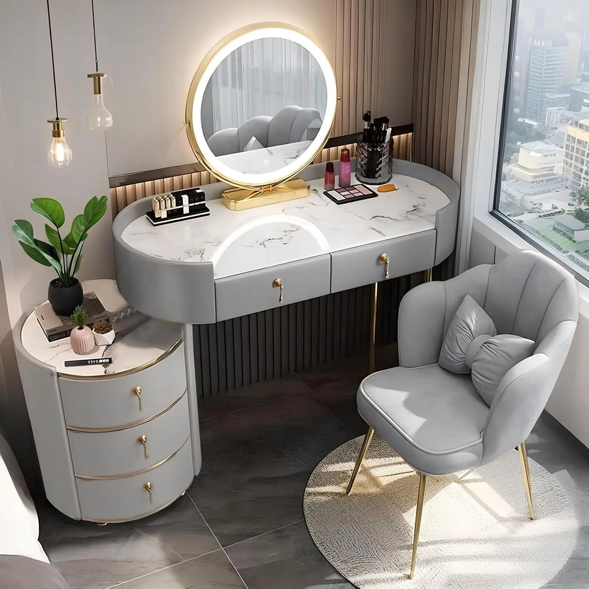 Coiffeuse Moderne avec Miroir Tactile à LED, 3 Couleurs Intégrées et 5 Tiroirs, avec Tabouret, 100 cm Gris, pour Femmes et Filles