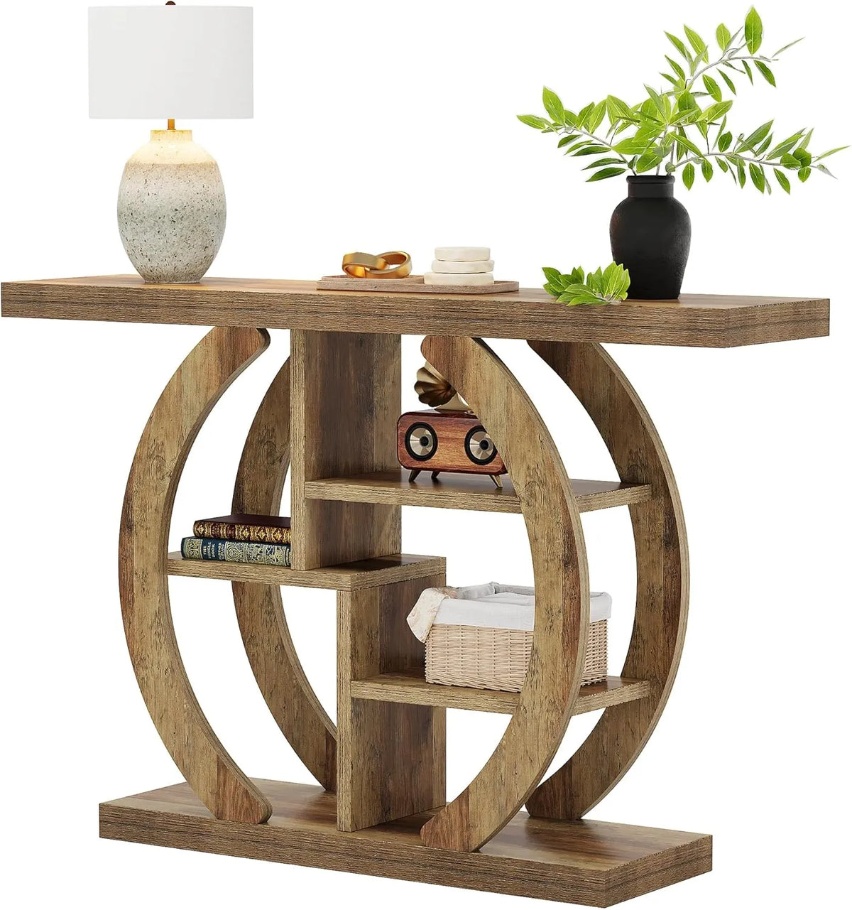 Table Console Tribesigns 4 Niveaux en Bois, 108 cm, Chêne Clair Marron, Étagères de Rangement, Pour Salon et Entrée