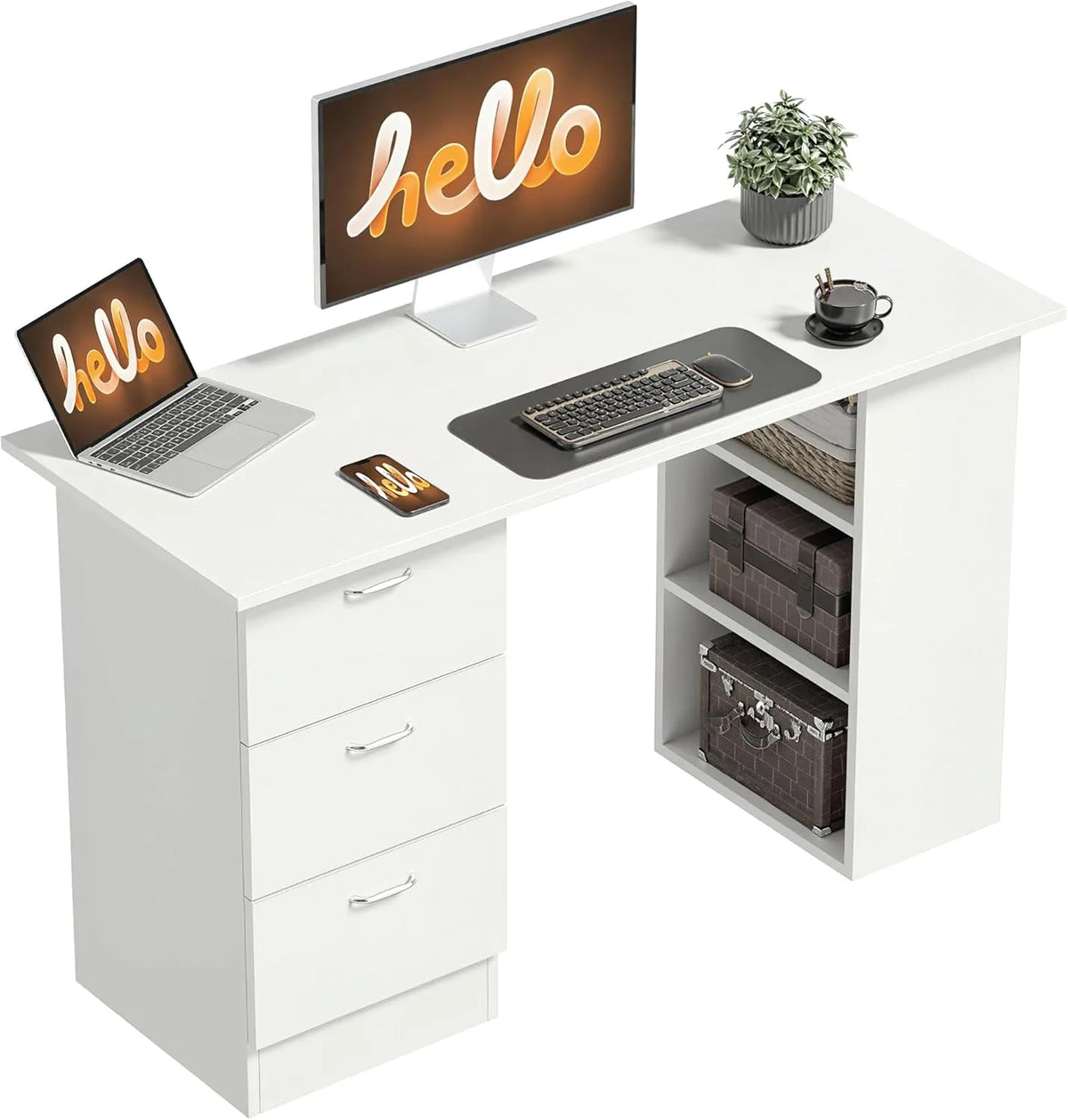 Bureau Informatique Compact avec Rangement et Tiroirs Blanc