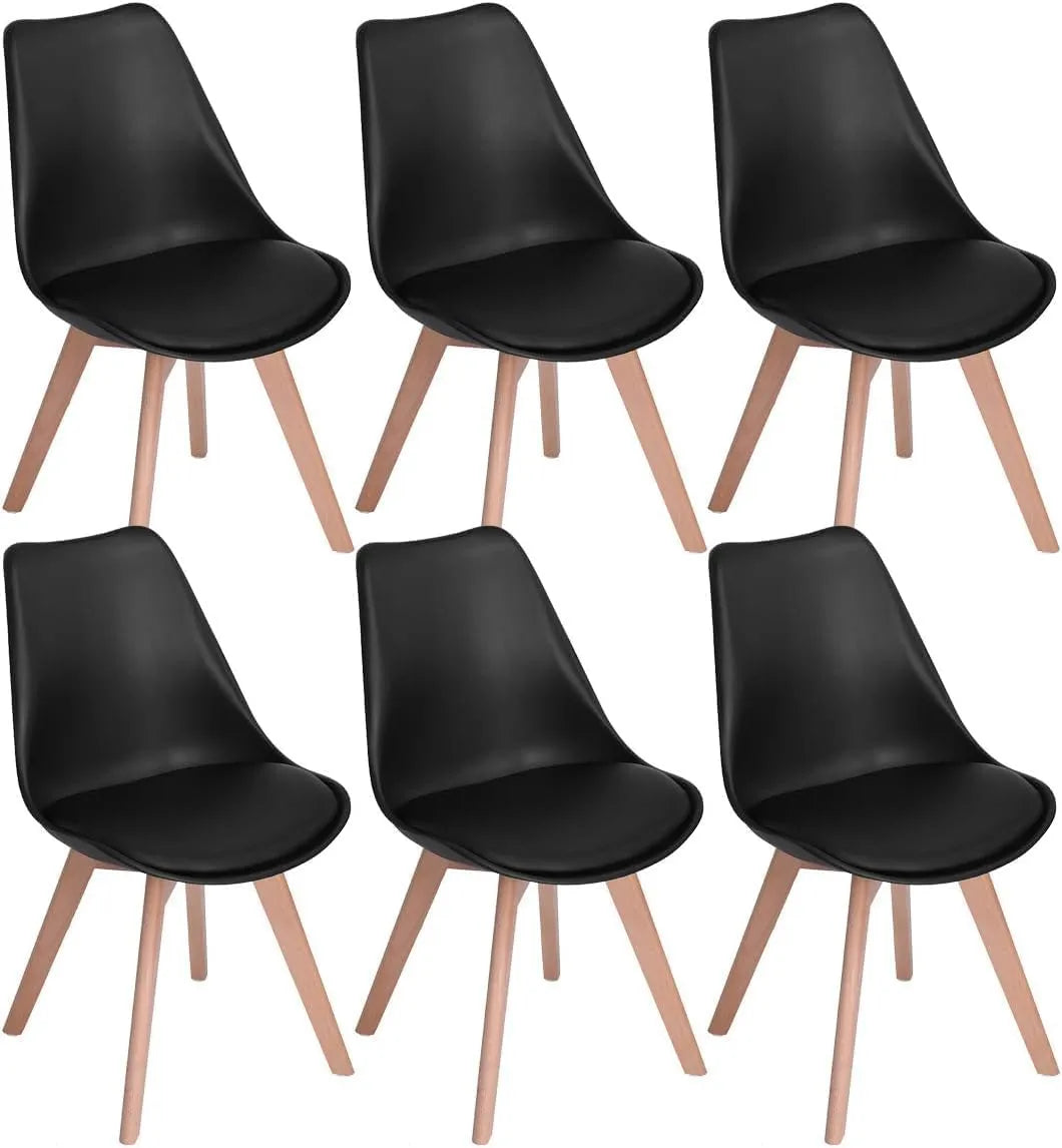 Ensemble de 6 chaises scandinaves noires avec pieds en bois et coussin confortable