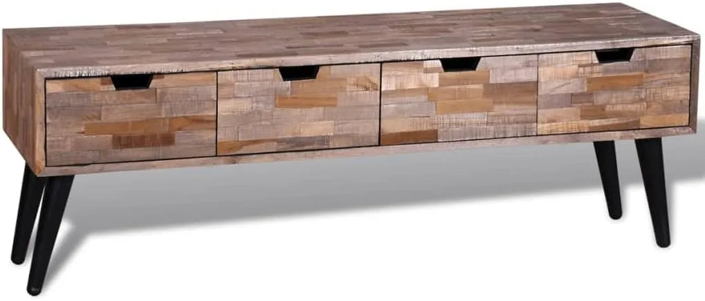 Buffet TV en teck recyclé 120 cm, 4 tiroirs, artisanal, pour salon et chambre