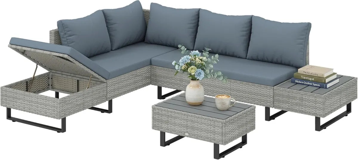 Ensemble Modulable de Salon de Jardin en Résine Tressée 5 Places avec Méridienne et Table Composite - Gris