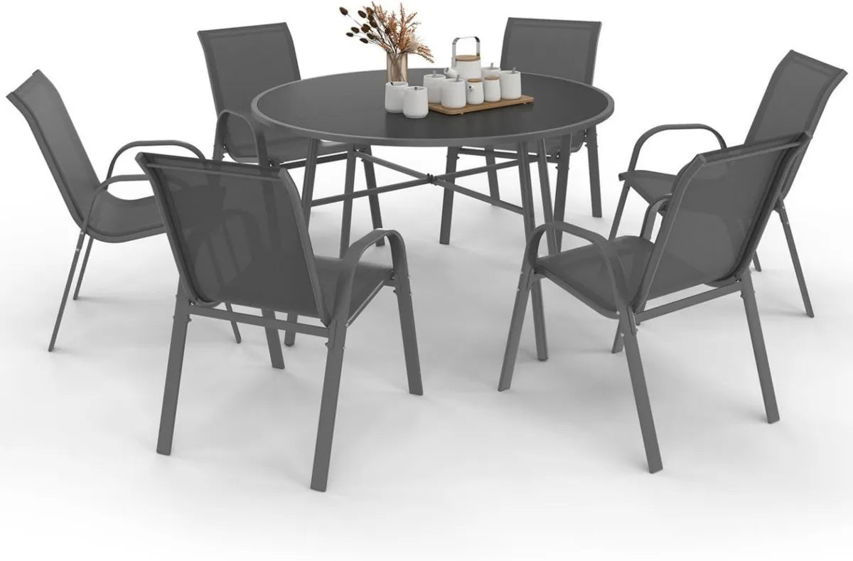 Ensemble de Jardin Madrid avec Table Ronde 120 CM et 6 Chaises Empilables Anthracite
