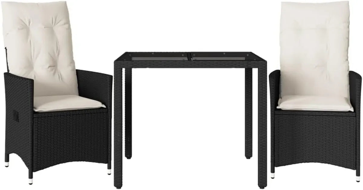 Ensemble Bistro 3 pièces avec Coussins en Résine Tressée Noire pour Jardin et Balcon